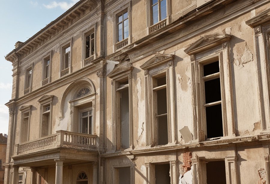 Old neoclassical building with crumbling plaster, exposed brick and empty window openings — a vacant home awaiting renovation.